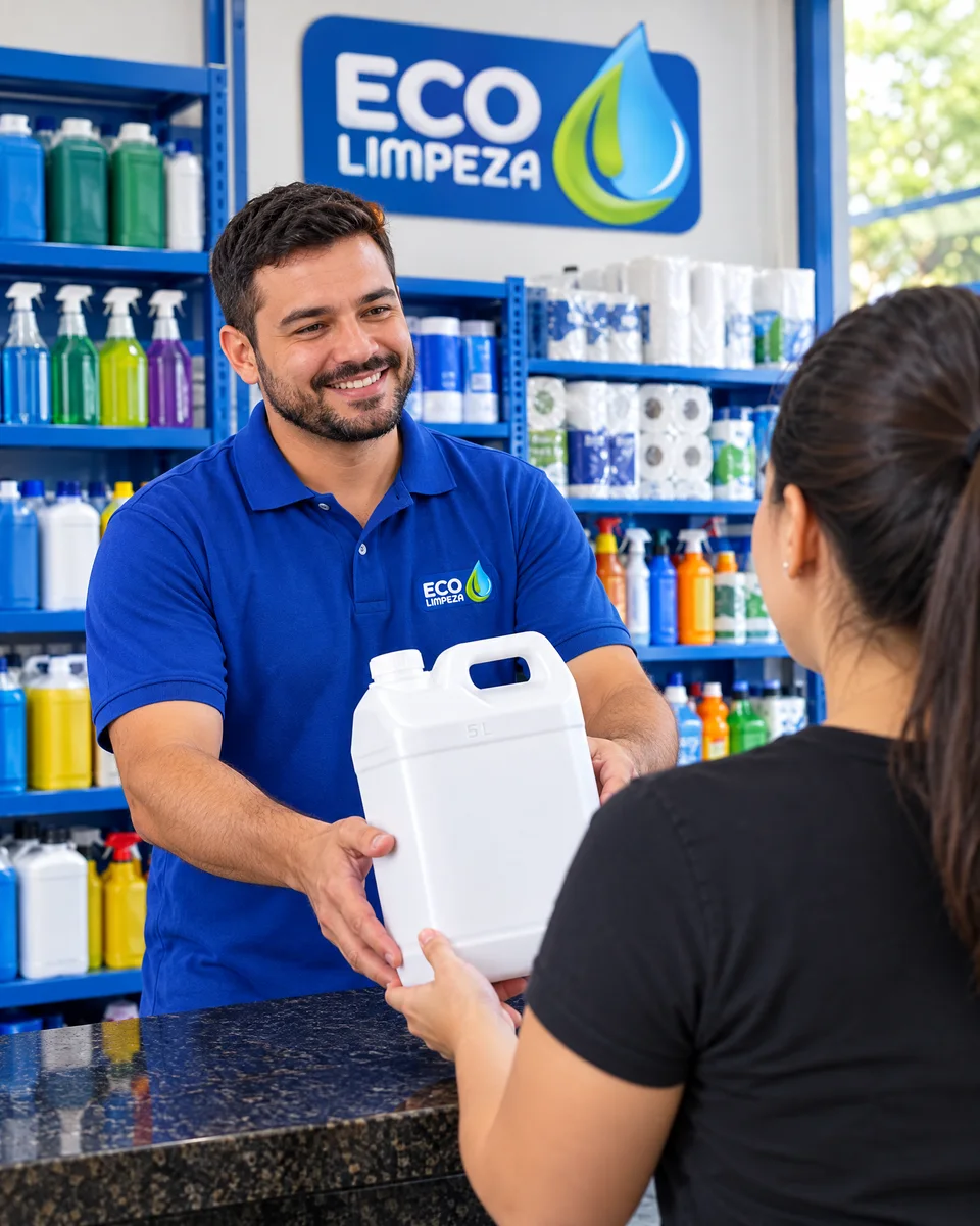 Vendedor da Eco Limpeza entregando um galão de 5 litros no balcão
