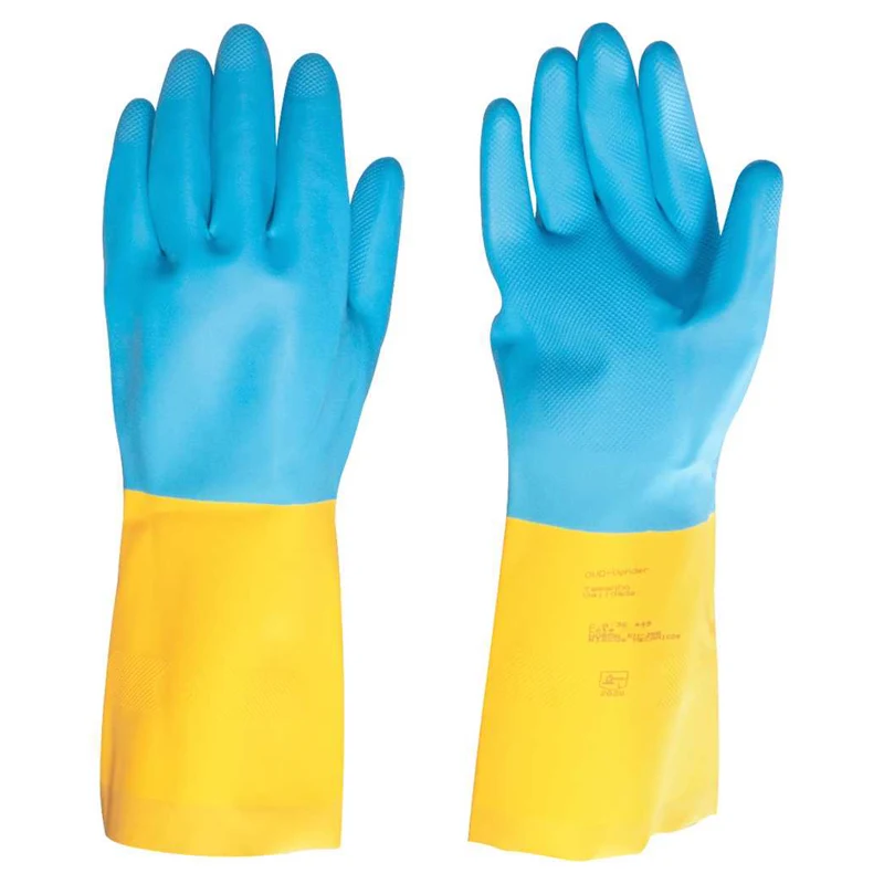 Luva de látex/neoprene Vonder, amarela e azul, imagem do fabricante