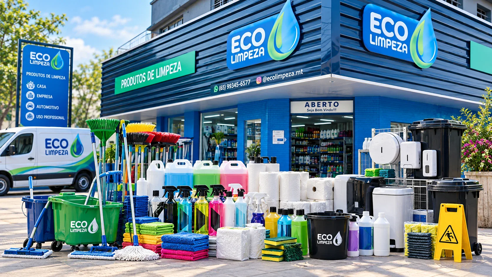 Fachada da Eco Limpeza com produtos na calçada: rodos, vassouras, galões, pulverizadores, papéis, lixeiras e panos