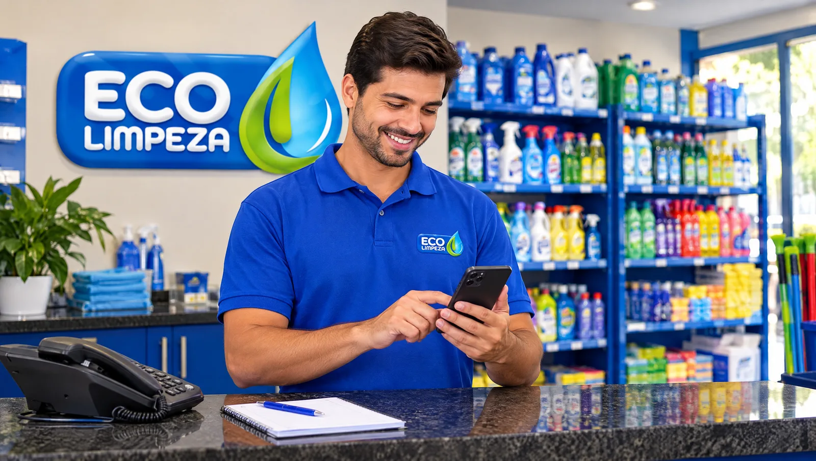 Vendedor da Eco respondendo no WhatsApp no balcão da loja