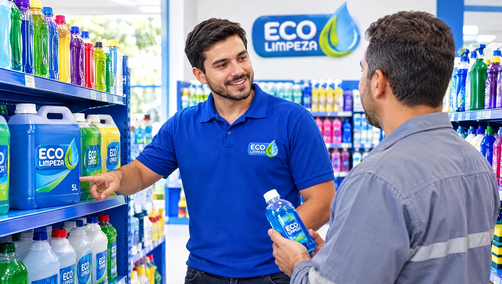 Vendedor da Eco explicando um produto pra um cliente na prateleira