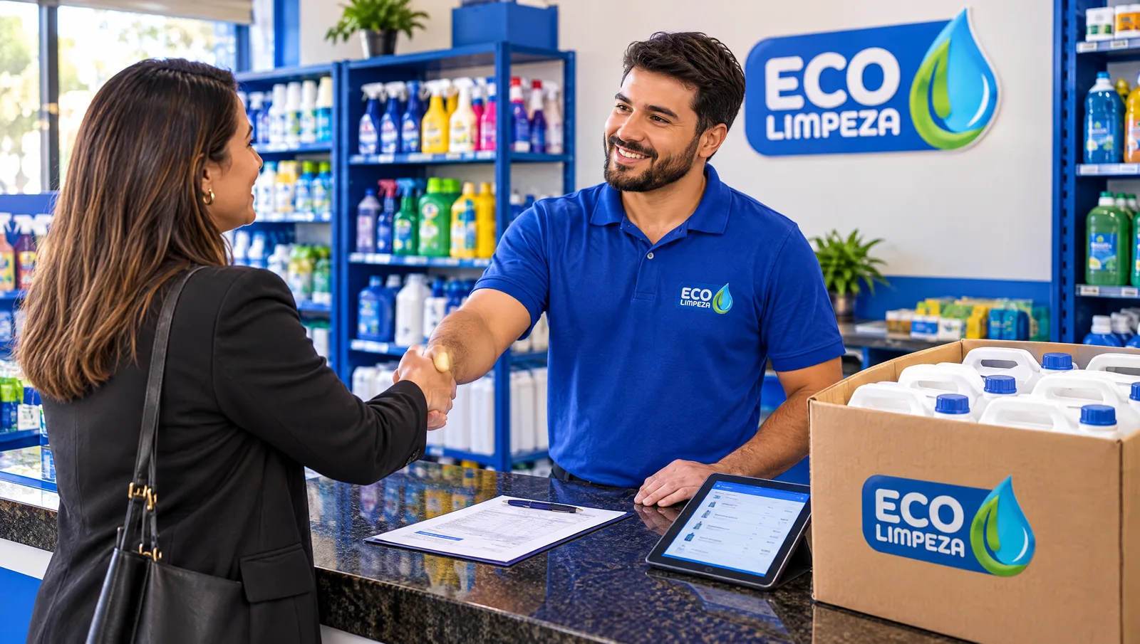 Vendedor da Eco fechando pedido com cliente empresarial no balcão