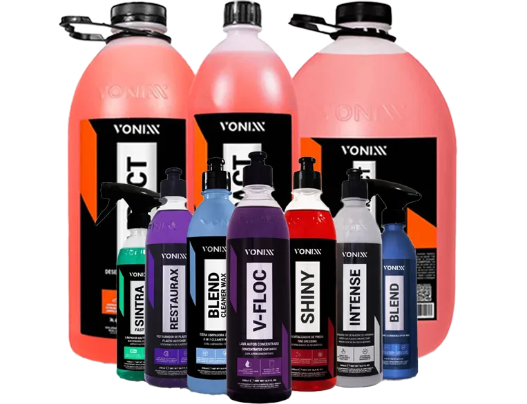 Produtos da linha linha automotiva: Vonixx: V-Floc, Shiny e Restaurax