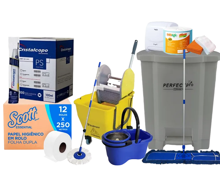 Produtos da linha sacos de lixo, papéis e vassouras: Saco de lixo, papel, mop e lixeira