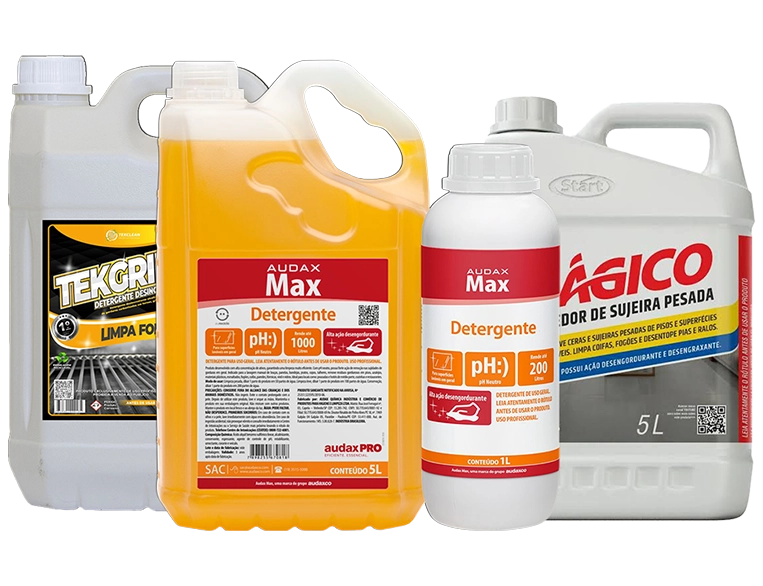 Produtos da linha desengordurantes e detergentes: Mágico, Audax Max e Tekgrill