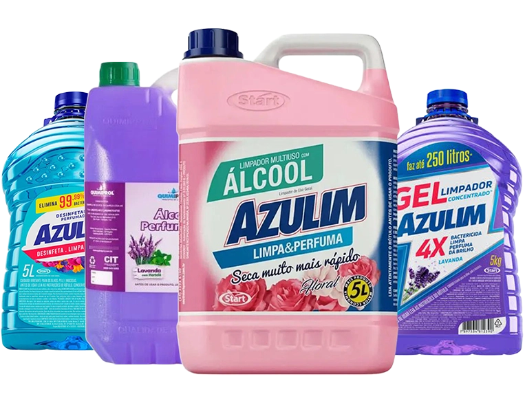 Produtos da linha desinfetantes e perfumados: Azulim, gel e álcool perfumado