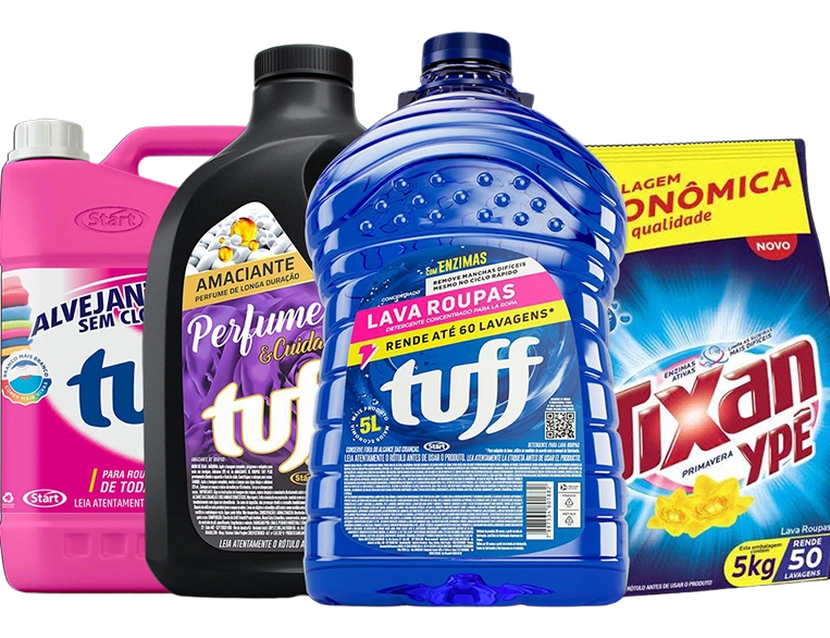 Produtos da linha lavanderia: Tuff, Tixan Ypê e alvejante