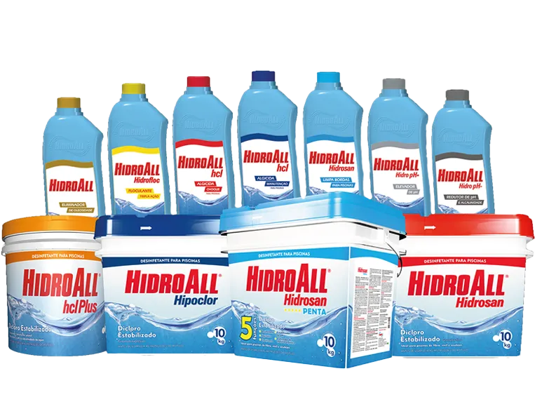 Produtos da linha piscina: HidroAll: cloro, pastilha e algicida