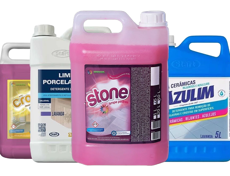Produtos da linha limpa pisos: Crost, Stone, Azulim e Porcelanato Start