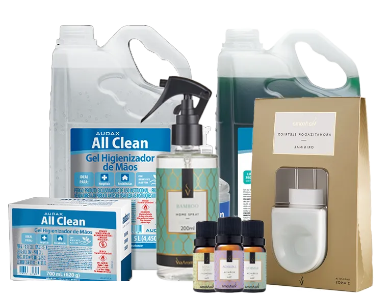 Produtos da linha sabonetes, odorizantes e essências: All Clean, difusor e dispensers