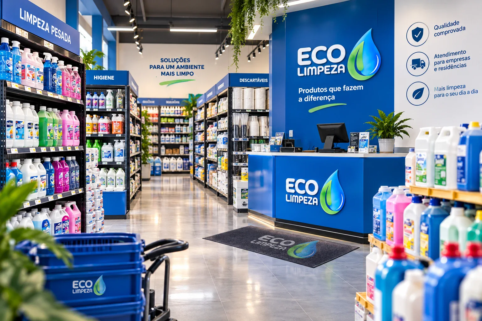 Loja da Eco Limpeza por dentro: balcão com o logo, gôndolas de limpeza pesada, higiene e descartáveis