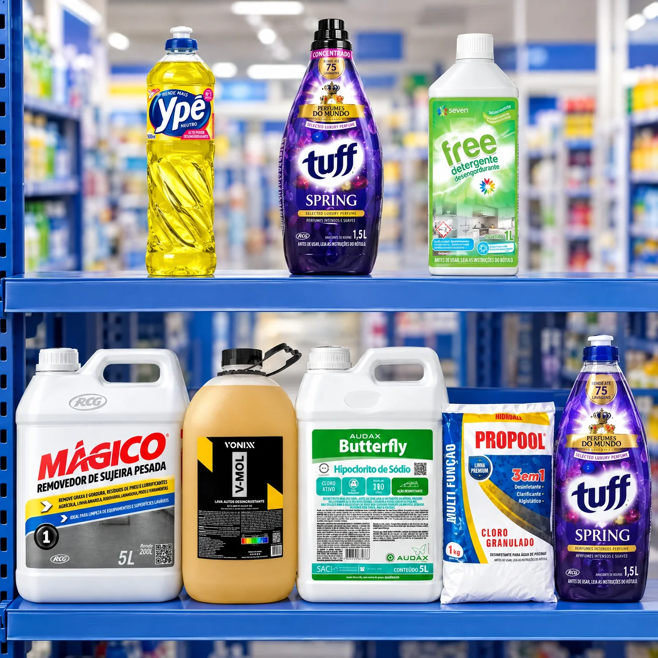 Os mesmos produtos numa gôndola da loja