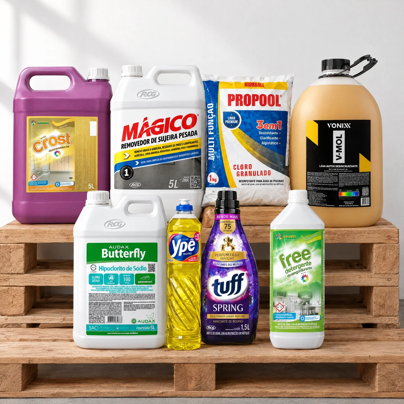 Produtos das marcas que a Eco vende num palete: Seven Crost, Propool, Mágico, V-Mol, Butterfly, Ypê, Tuff e Seven Free
